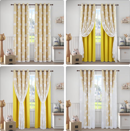 Yellow Blackout Curtains for Nursery Double Layer Curtains with Cute Cloud Pattern Sheer Overlay Grommet Room Darkening Drapes for Kids Room 2 Panels Set, W52 X L84