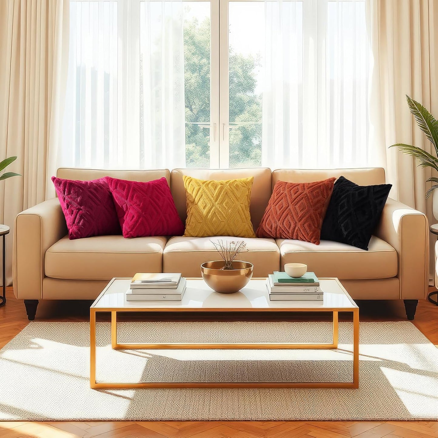 decorUhome Fall Couch Throw Pillow Covers 18x18 Set of 2, Decorative Soft Plush Faux Fur Wool Accent Pillow Covers for Modern Farmhouse Bed Sofa Living Room, Mustard Yellow
