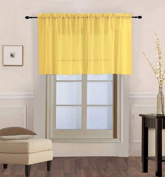 2pc Sheer Valance Top Window Curtain Rod Pocket See Through 18" Long Solid Colors Home Decor V16 (Yellow)