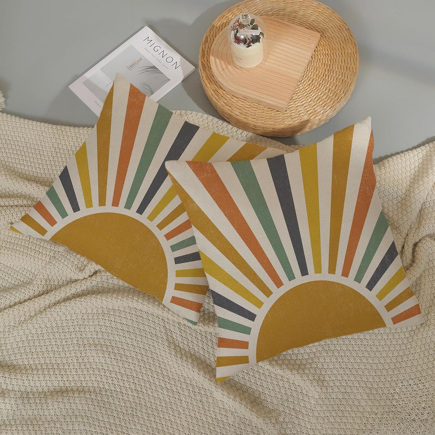 Summer Pillow Covers 24x24 Inch 2 Pcs Boho Mustard Yellow Sunshine Outdoor Decor Throw Pillows Stripes Rainbow Sun Farmhouse Holiday Decoration Pillowcase Linen Cushion Cover for Couch Sofa Bed