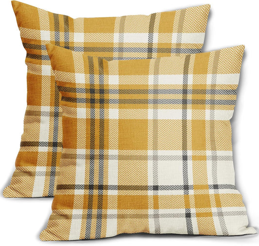 Yellow Buffalo Plaid Pillow Covers 18x18 Set of 2 Checkered Tartan Decorative Pillowcases Christmas Holiday Seasonal Outdoor Neutral Rustic Farmhouse Throw Cushion Case Decor for Couch Sofa Bed