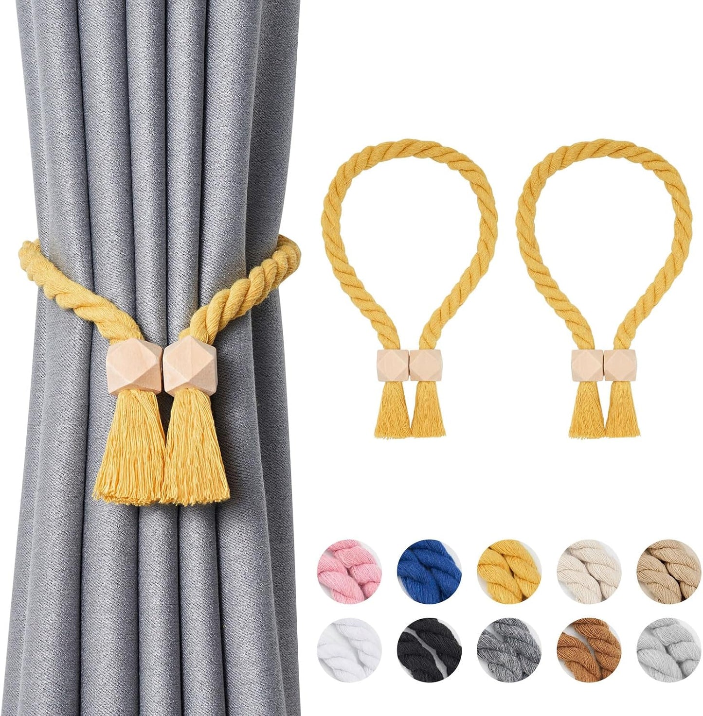 NICEEC 2 Pack Wooden Polyhedron Magnetic Curtain Tiebacks Boho Home Decor Drape Tie Backs Natural Cotton Hand Woven Rope Curtain Holdbacks for Home & Office Window Draperies (Yellow)