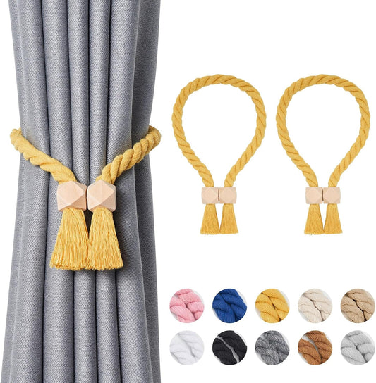 NICEEC 2 Pack Wooden Polyhedron Magnetic Curtain Tiebacks Boho Home Decor Drape Tie Backs Natural Cotton Hand Woven Rope Curtain Holdbacks for Home & Office Window Draperies (Yellow)
