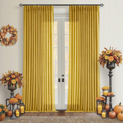 Mustard Yellow 90 Inch Linen Curtains Pinch Pleated for Living Room Bedroom Dining Boho Light Filtering Pinch Pleat Drapes Hooks Rings Back Tab Semi Sheer Gold Harvest Spring Window Curtains 2 Panels