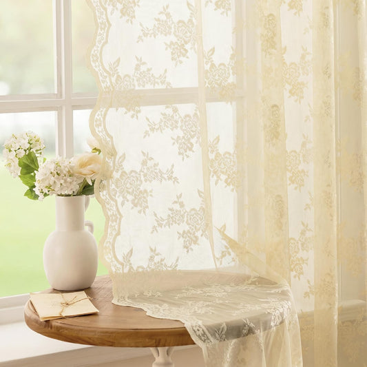 MEETSKY Lace Sheer Curtains 90 Inch Length Light Yellow Vintage Victorian French Elegant Light Filtering Rod Pocket Boho Style Drapes for Living Room Bedroom for Farmhouse, 50" W, 2 PCs