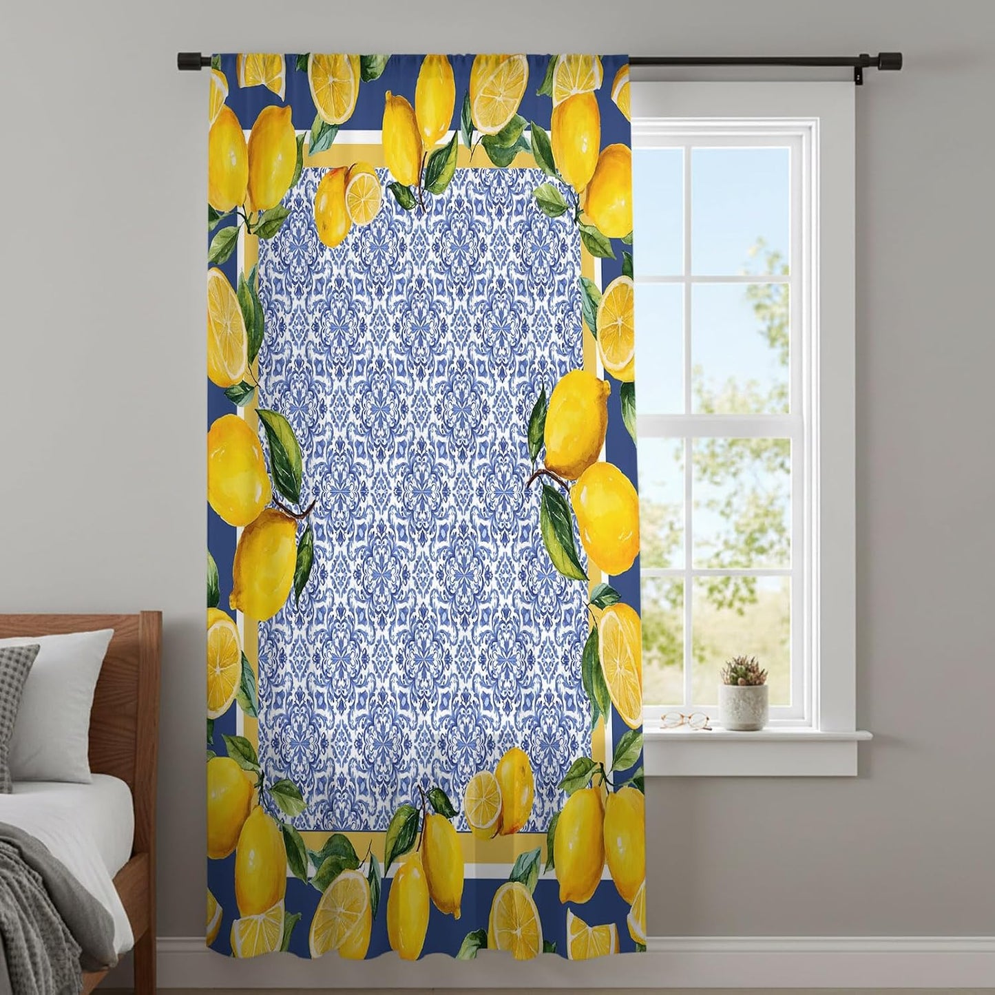 Sheer Curtains 45 Inches Long for Living Room/Bedroom, Blue Yellow Lemon Rod Pocket Voile Kitchen Curtains & Drapes Window Treatment 1 Panel, 52"W x 45"L Summer Country Fruits Italian Style