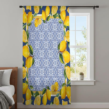 Sheer Curtains 45 Inches Long for Living Room/Bedroom, Blue Yellow Lemon Rod Pocket Voile Kitchen Curtains & Drapes Window Treatment 1 Panel, 52"W x 45"L Summer Country Fruits Italian Style