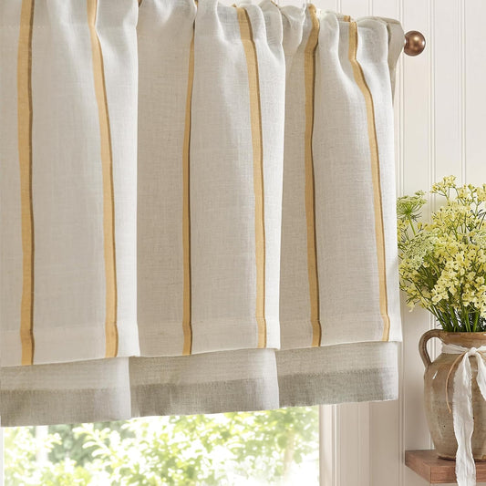 jinchan Linen Valance Kitchen Curtain Light Filter Double Layer 18 Inch | Light filtering kitchen valance,yellow striped pattern on linen background,bringing rustic farmhouse style