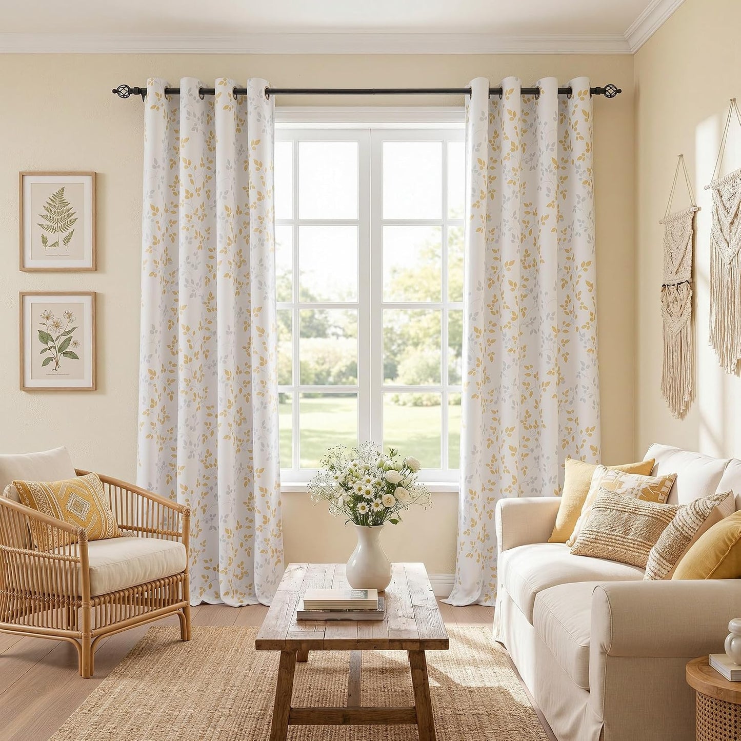 MEETSKY 95% Blackout Yellow Curtains 84 Inches Long 2 Panels Set - Leaves Printed Curtains for Living Room, Grommet Thermal Insulated Drapes, Light Blocking Window Curtain for Bedroom (52''W x 84" L)