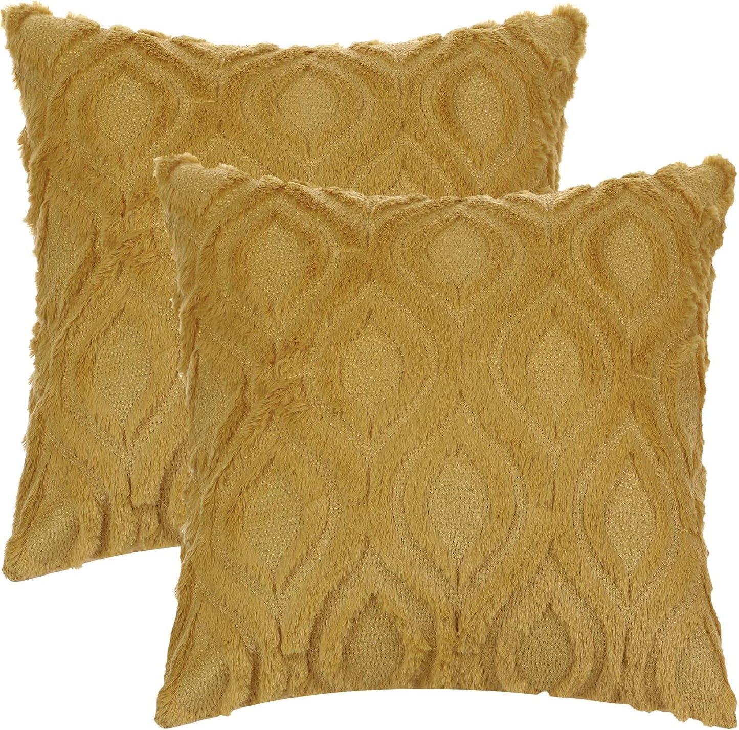uxcell Set of 2 Shaggy Plush Faux Fur Throw Pillow Covers Solid Striped Soft Pillow Covers for Sofa Living Room 18 x 18 Inch Yellow-2