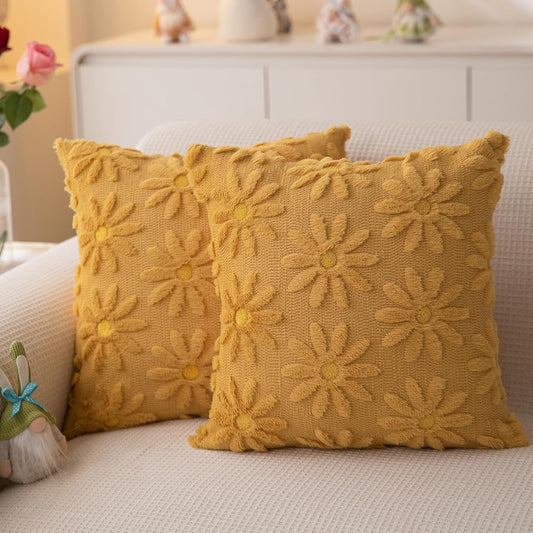 Spring Summer Pillow Covers 18x18 inch Set of 2 Yellow Daisy Flower Outdoor Farmhouse Soft Plush Throw Pillows for Sofa Holiday Spring Summer Home Decor