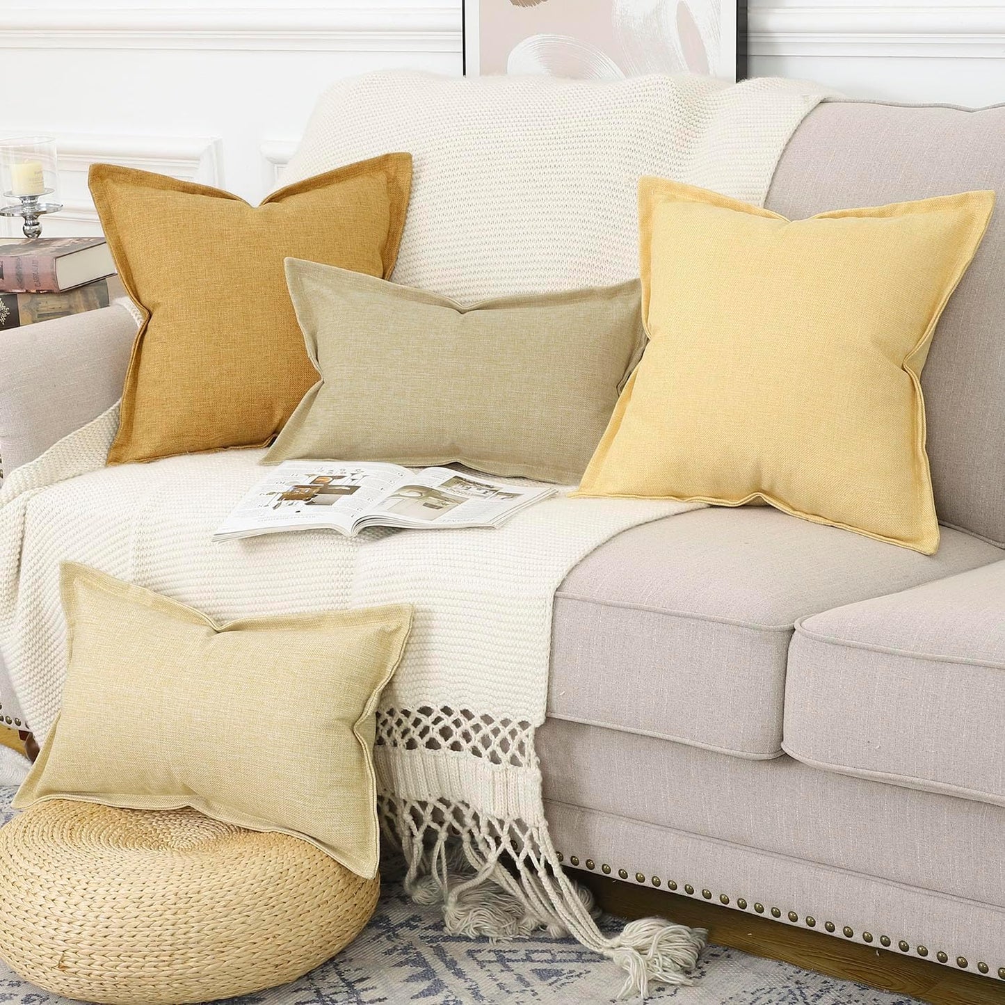MADIZZ Pack of 2 Faux Rustic Linen Throw Pillow Covers with Flange Edge Soft Boho Natural Decorative Pillowcases for Sofa Living Room Modern Throw Pillows for Bed 16x16 Inch Yellow