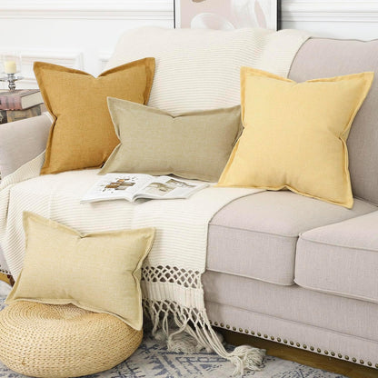 MADIZZ Pack of 2 Faux Rustic Linen Throw Pillow Covers with Flange Edge Soft Boho Natural Decorative Pillowcases for Sofa Living Room Modern Throw Pillows for Bed 16x16 Inch Yellow