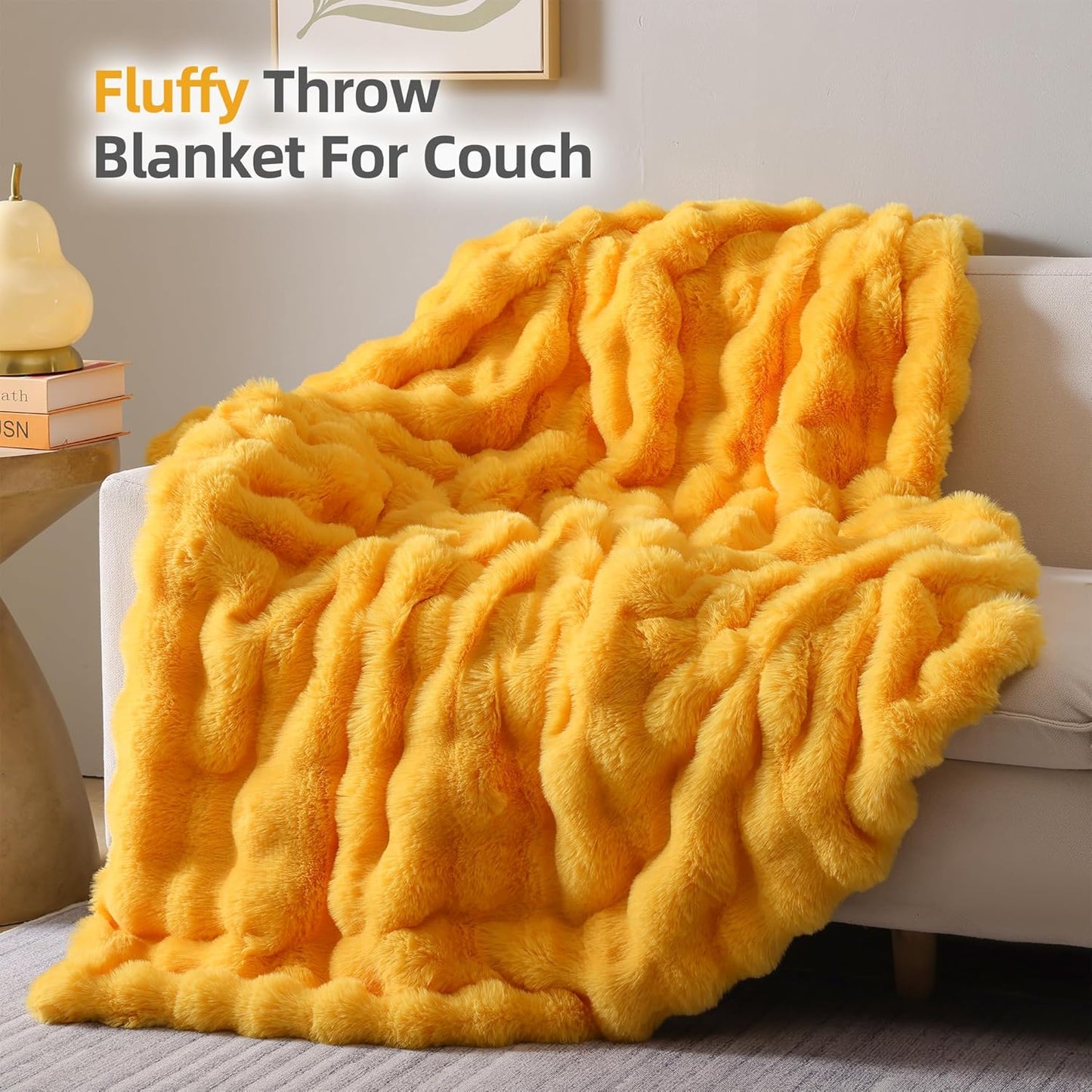 Smoofy Faux Fur Throw Blanket for Couch - Mustard Yellow Soft Cozy Bubble Blanket, Fluffy Plush Fuzzy Throw for Sofa & Bed, Thick Lightweight Warm Blanket, Luxury Aesthetic Gift for Women 50"x60"