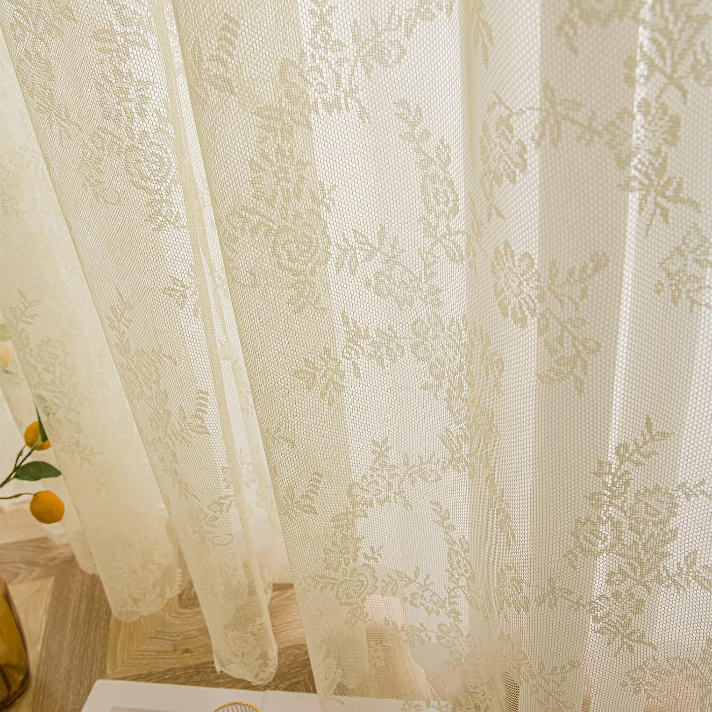 Deeprove Lace Curtains 84 Inches Long 2 Panels Set, Yellow Sheer Roses Embroidery Vintage Voile Farmhouse Window Panel Pair Ruffled Drape for Bedroom/Kitchen, Rod Pocket, Width 57" x Length 84"