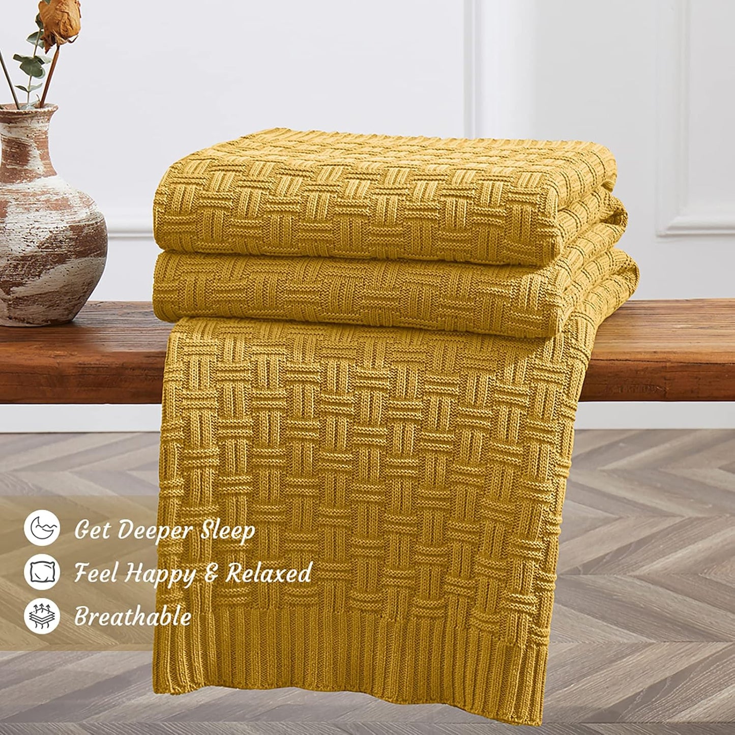 TREELY 100% Cotton Knitted Throw Blanket Couch Cover Blanket(31 x 40 Inches, Mustard Yellow)