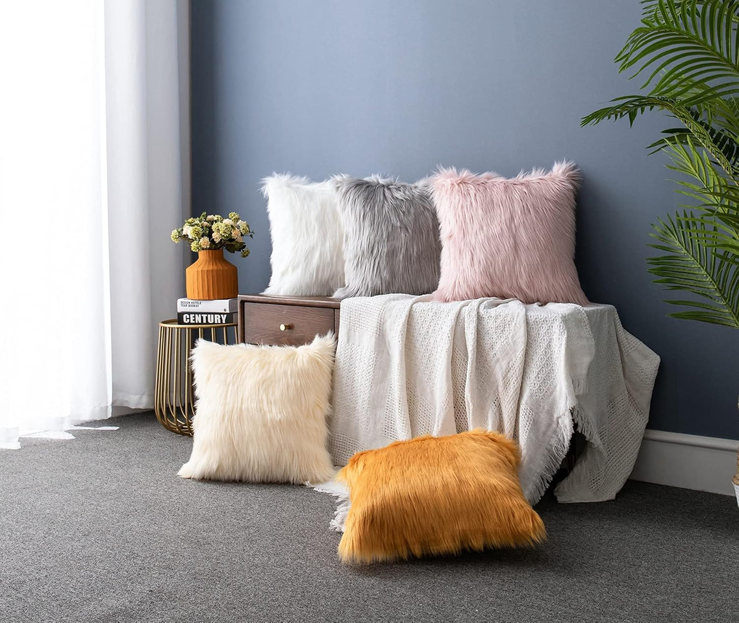 LIGICKY Luxury Series Soft Faux Fur Throw Pillow Cover Decorative Square Plush Pillow Case Cushion Cover for Couch Sofa Bed, 18" x 18" Light Yellow