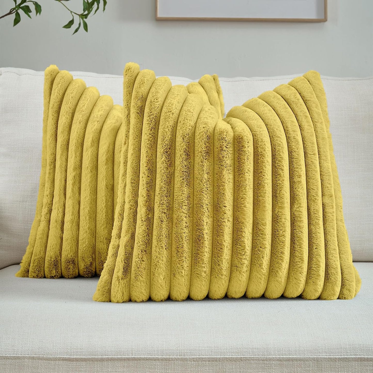 FUTEI Pack of 2 Fluffy Faux Fur Throw Pillow Covers 18x18 Inch Elegant Striped Textured Decorative Cushion Cases Modern Accent Pillow for Couch Bed Living Room, Mustard Yellow