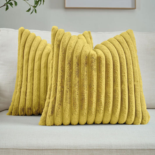 FUTEI Pack of 2 Fluffy Faux Fur Throw Pillow Covers 18x18 Inch Elegant Striped Textured Decorative Cushion Cases Modern Accent Pillow for Couch Bed Living Room, Mustard Yellow