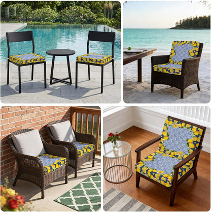 Blue Yellow Lemon Indoor/Outdoor Seat Cushions Cover, Summer Country Fruits Italian Style Waterproof Patio Chaise Lounge Cushion Cover for Beach Pool Side Chair Cushions 20''x18''x2pcs