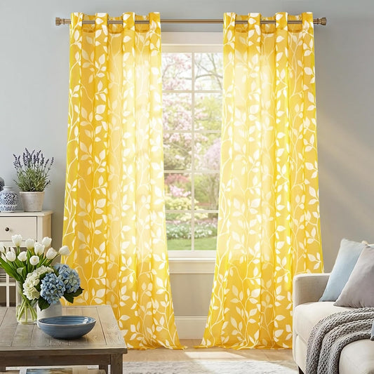 XTMYI Yellow Sheer Pattern Curtains for Living Room 84 Inches Long,Spring Decor Lightweight Leaf Floral Printed Curtains for Bedroom Dining Room 84 Inch Length 2 Panels Set,Mustard Yellow and White
