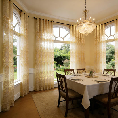 European Style Sheer Curtain - Grommet Top Luxury Window Screening for Living Room, Bedroom, Balcony - Hollow Semi-Shading Voile, Simple Modern Drape