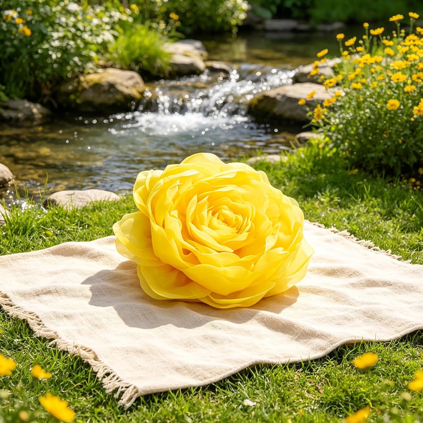 JWH Stereo Flower Throw Pillow Covers Aesthetic Decorative Floral Accent Pillow Cases Round Cushion Handmade Pillowcase for Bedroom Bed Couch Chair Car 12 Inch Bright Yellow