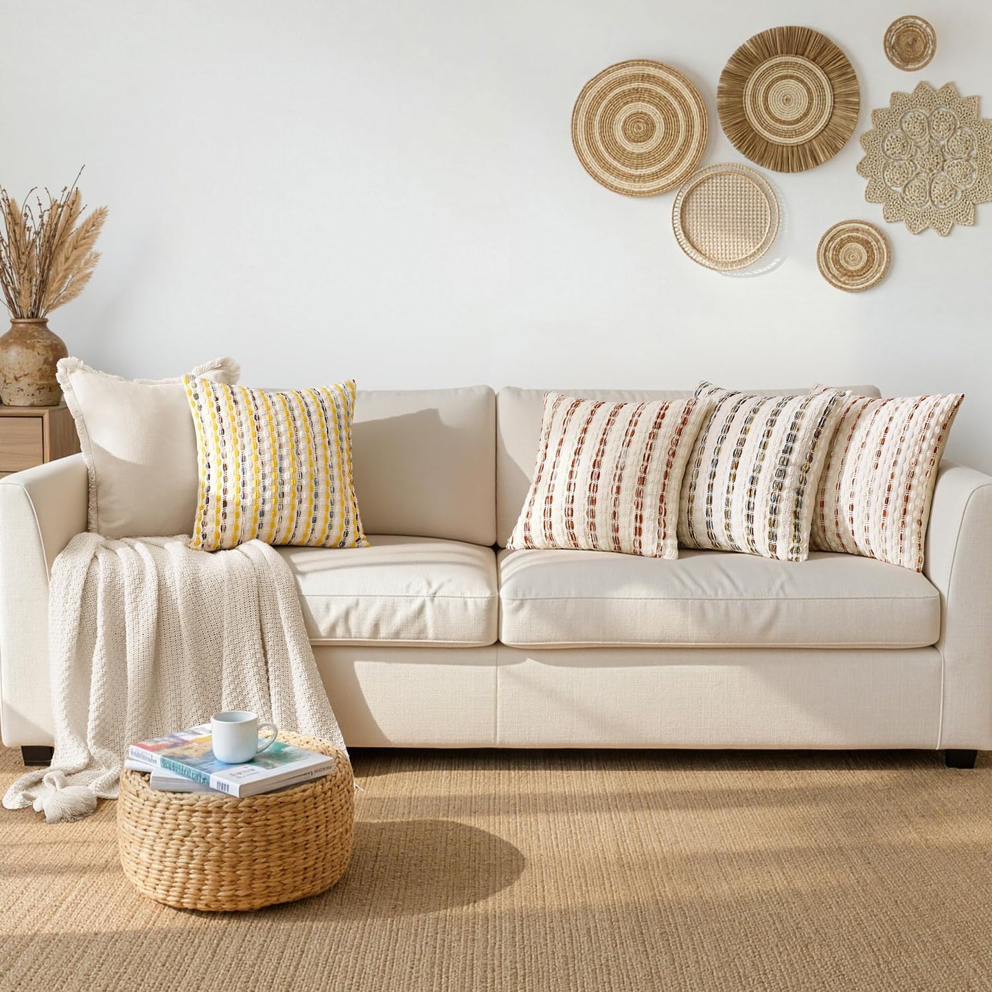 ANRODUO Boho Chenille Textured Tufted Pillow Covers 20x20 Inch Set of 2 Woven Decorative Throw Pillow Covers with Raised Stripes Accent Neutral Pillowcase for Couch Sofa Bed Living Room, Yellow Cream