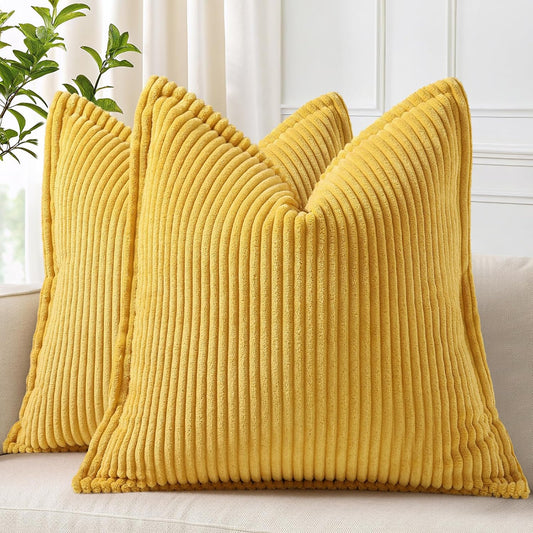 decorUhome Fall Corduroy Mustard Yellow Euro Sham Throw Pillow Covers 22x22 Set of 2 Decorative Soft Boho Farmhouse Couch Pillow Covers for Living Room Bed Sofa Broadside Striped Pillow Cases