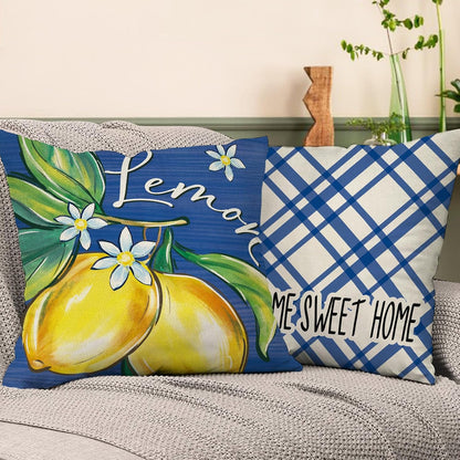 Blue Lemon Decorative Throw Pillow Covers 18 x 18 Set of 4, Amalfi Coast Italy Tile Pattern Plaid Floral Home Sweet Home Outdoor Decor, Summer Mediterranean Sunshine Farmhouse Couch Cushion Case