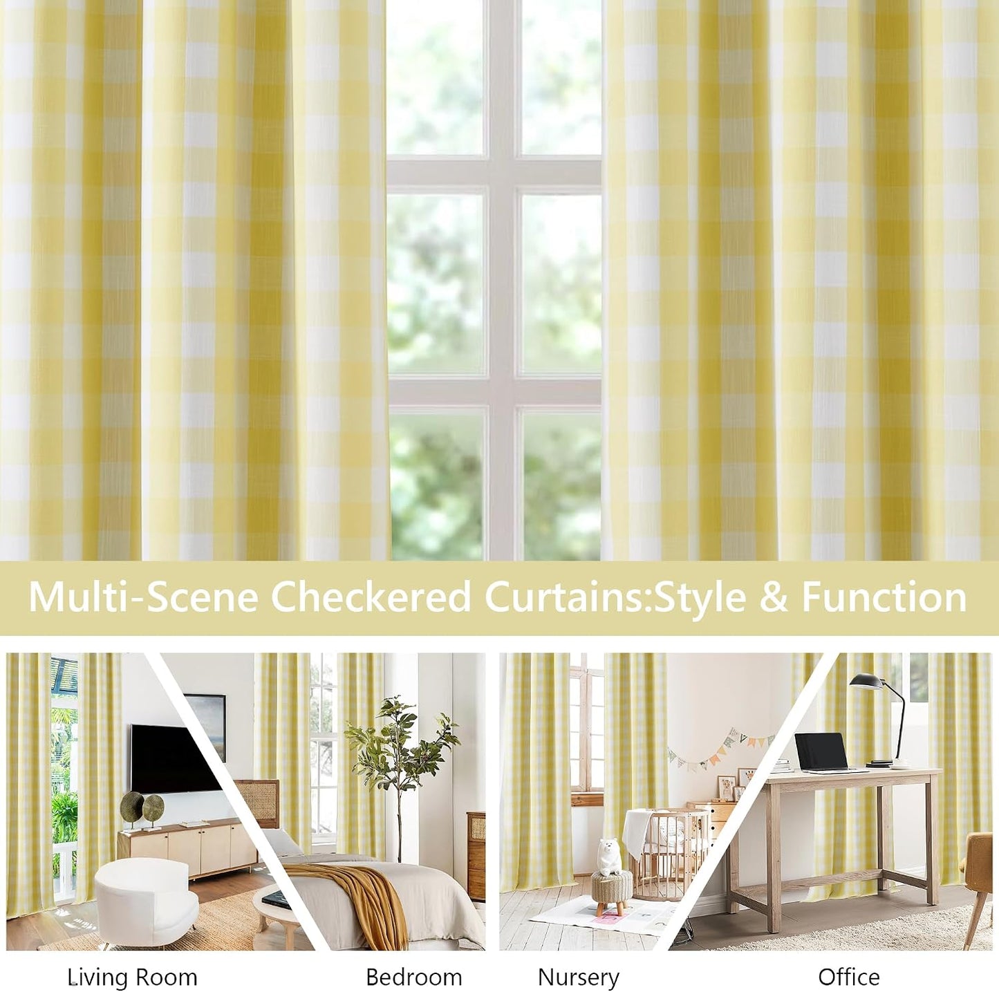 Amzdecor Yellow White Buffalo Plaid Full Blackout Curtains 84 Inch Long for Bedroom Living Room Farmhouse Check Patterned Drapes Thermal Insulated Soundproof Grommet Window Treatment, 2 Panels,40"x84"