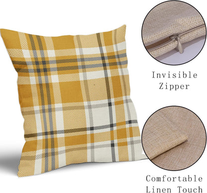 Yellow Buffalo Plaid Pillow Covers 18x18 Set of 2 Checkered Tartan Decorative Pillowcases Christmas Holiday Seasonal Outdoor Neutral Rustic Farmhouse Throw Cushion Case Decor for Couch Sofa Bed