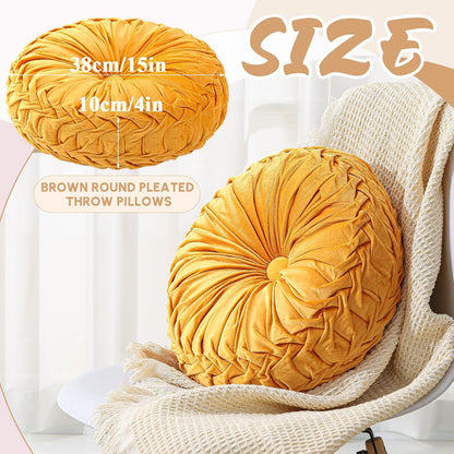 Drydiet 1 Pcs Round Throw Velvet Pillows Decorative Pleated Throw Pillows Diameter Accent Pumpkin Boho Chair Cushion for Couch Sofa Home Decoration (Yellow,15'')