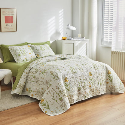 Joyreap 3 Pieces Reversible Quilt Set, Smooth Soft Microfiber Quilt, Yellow Flowers Green Leaves Botanical Design, Bedspread Bed Cover for All Season, 1 Quilt n 2 Pillow Shams (King, 102x90 inches)
