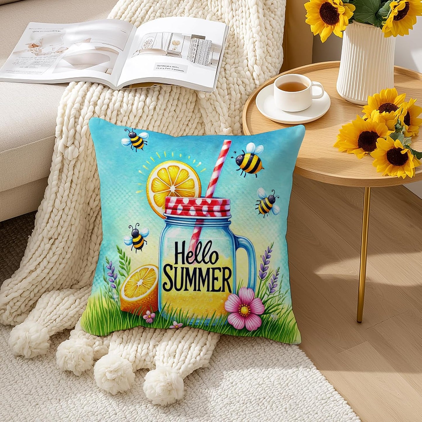 BlissYard Hello Summer Lemon Throw Pillow Covers 18x18 Set of 2 Decorative Pillow Covers Bee Lemonade Summer Cushion Covers Farmhouse Summer Pillow Covers for Couch Sofa Living Room Home Decor