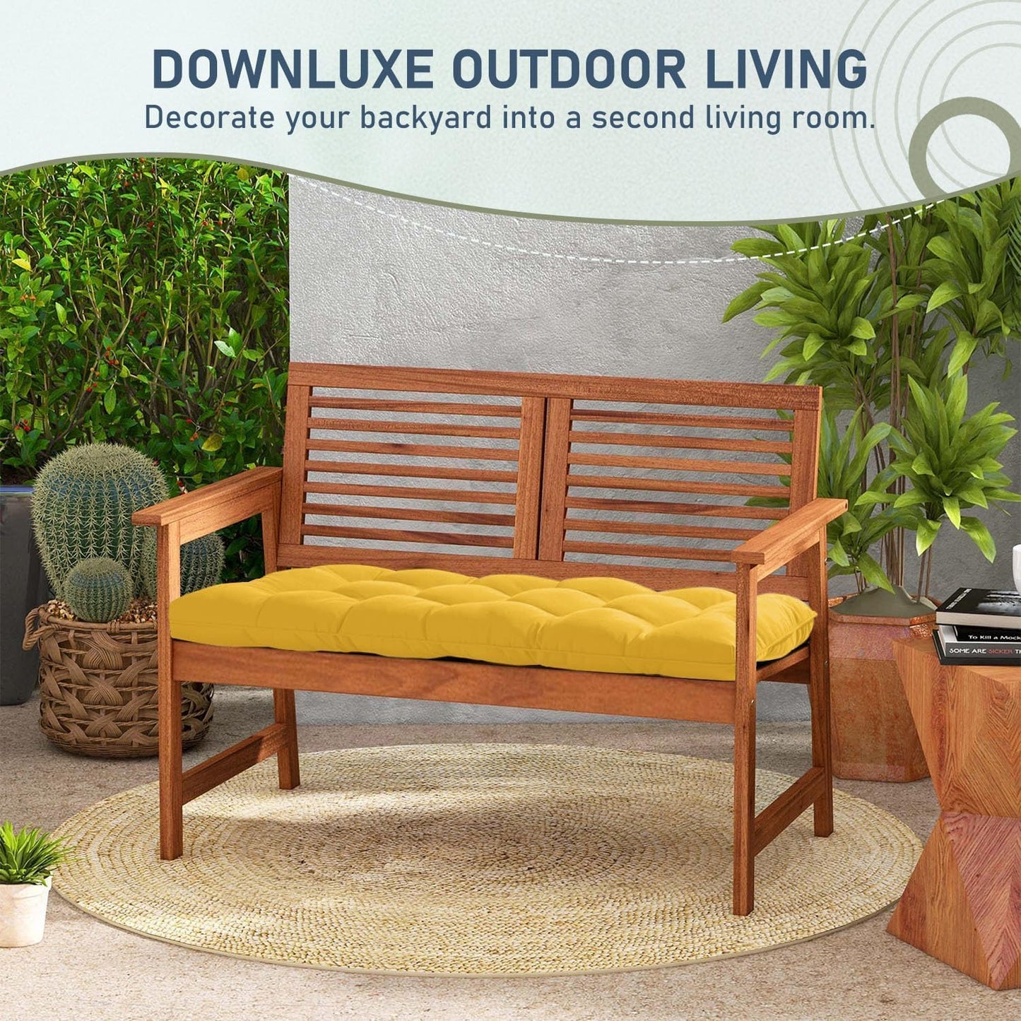 downluxe Outdoor Bench Cushion for Patio Furniture, Water Resistant Tufted Overstuffed Porch Swing Cushions, Thick Outdoor Loveseat Cushions, 44" X 19" X 5", Yellow, Set of 1