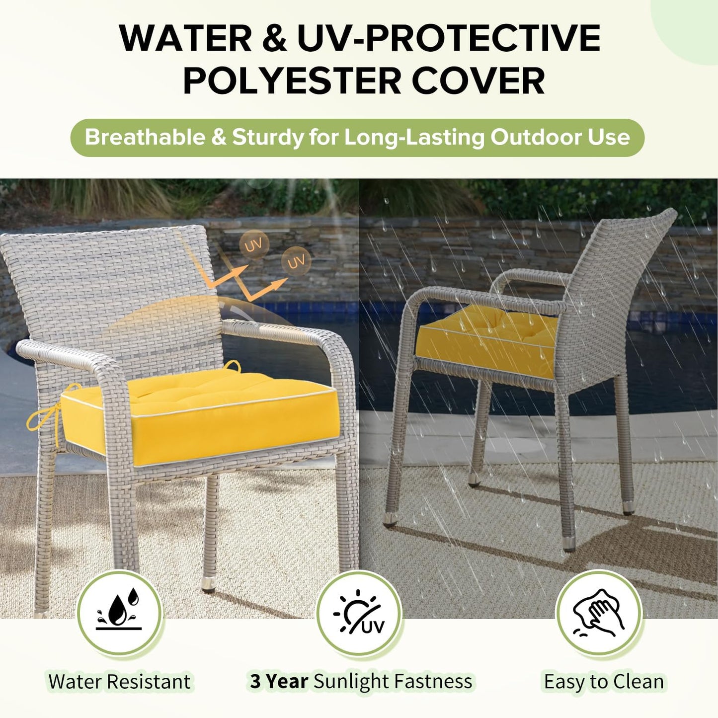HARBOREST Outdoor Chair Cushions Set of 2, Tufted Patio Chair Cushions with Ties, Square Corner Outdoor Cushions for Patio Furniture, Lawn Chairs, Wicker Chairs, 17" x 17" x 5", Yellow