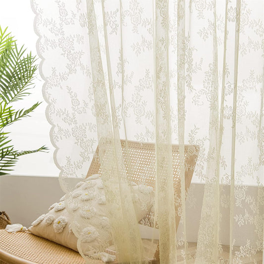 Deeprove Lace Curtains 63 Inch Length 2 Panels Set, Yellow Sheer Florals Embroidery Vintage Voile Window Panel Treatment Pair Decor Drape for Bedroom/Living Room/Kitchen, Rod Pocket, W57 x L63