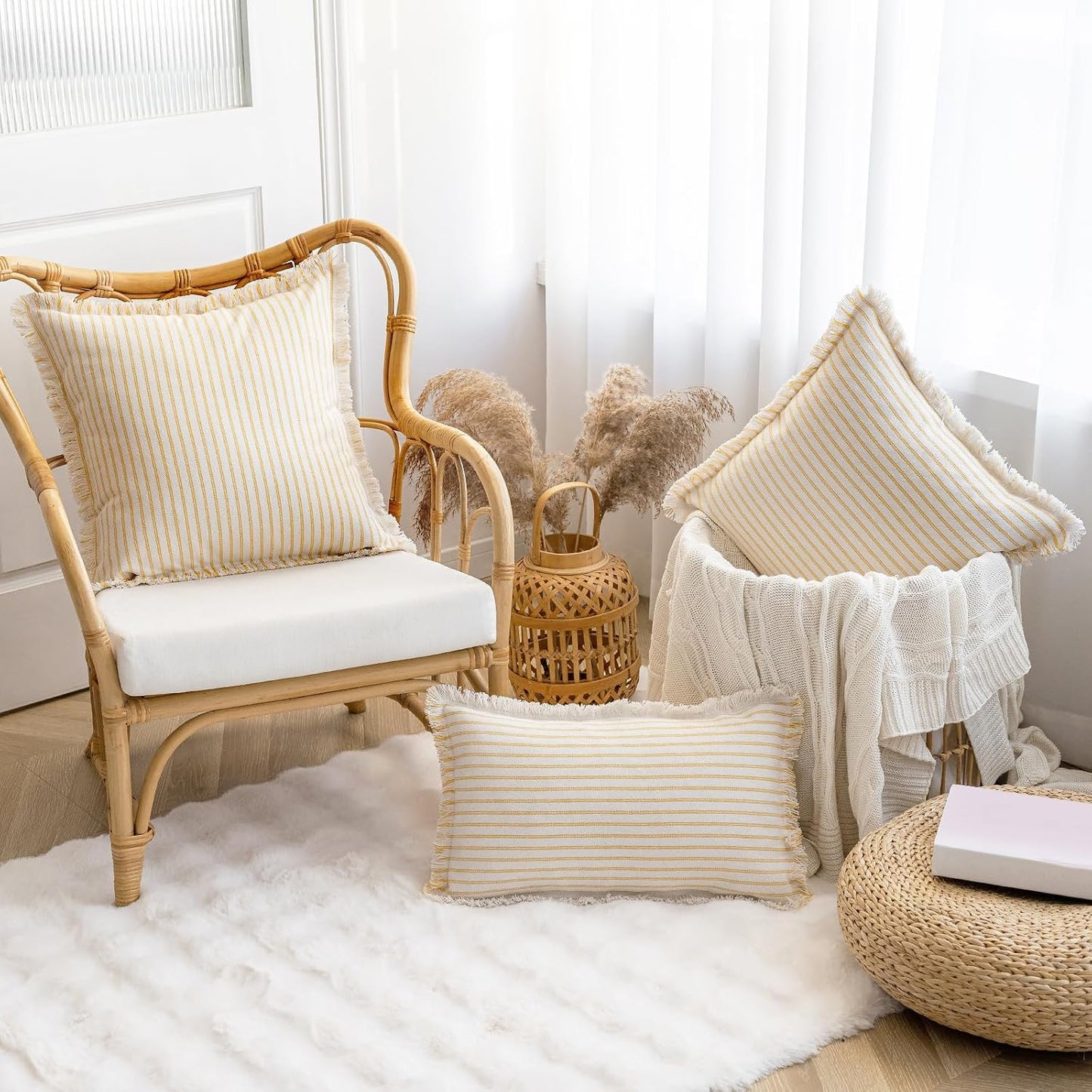 YEENAASY Throw Pillow Covers 18x18 Set of 2 Striped Fringe Pillow Cover Farmhouse Cushion Covers with Tassel Neutral Boho Pillows Decorative Square Pillowcase for Couch Sofa Bed, Yellow