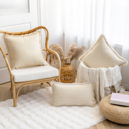 YEENAASY Throw Pillow Covers 12x20 Set of 2 Striped Fringe Pillow Cover Farmhouse Cushion Covers with Tassel Neutral Boho Pillows Decorative Square Pillowcase for Couch Sofa Bed, Yellow