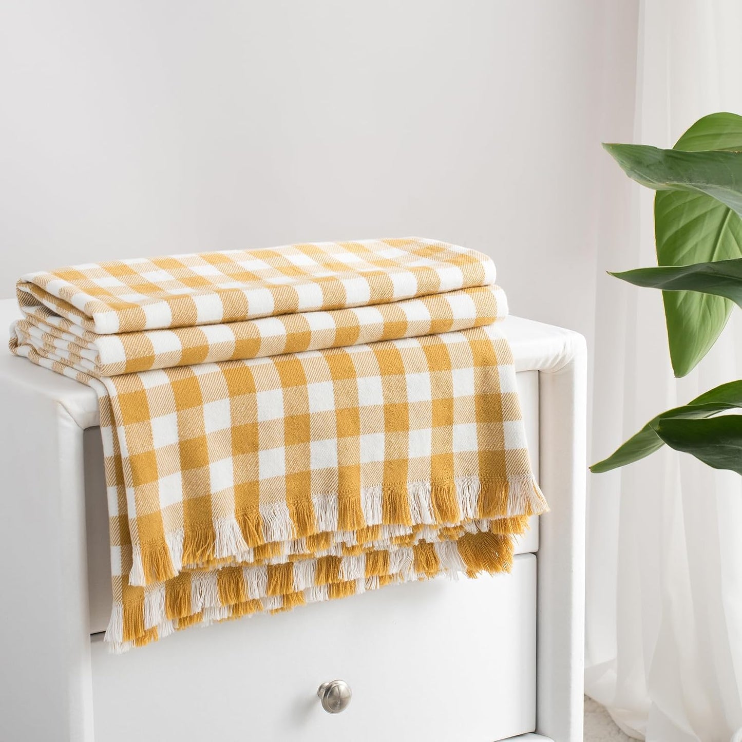 100% Cotton Throw Blanket Plaid Soft Lightweight Cozy Farmhouse Tassels Summer Thin Breathable Throws for Couch Sofa Bed (50" × 60" Yellow)