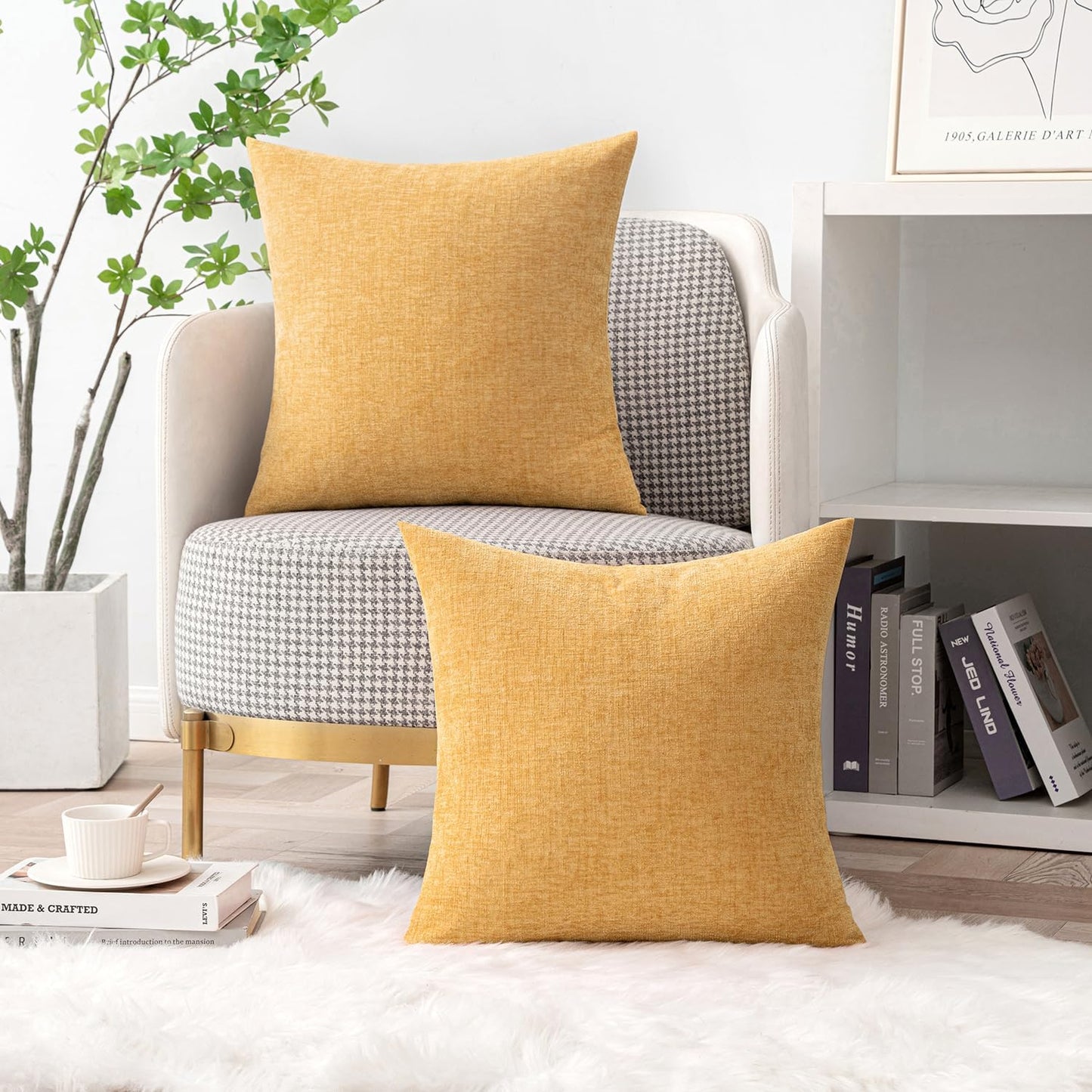 MIULEE Pack of 2 Couch Throw Pillow Covers 18x18 Inch Soft Beige Yellow Chenille Pillow Covers for Sofa Living Room Spring Home Decor Couch Solid Dyed Cases