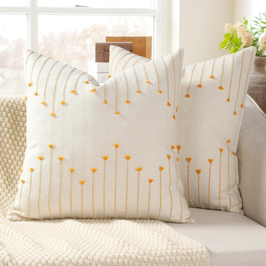 Boho Outdoor Throw Pillow Covers 18x18 Set of 2 Neutral Woven Decorative Pillowcases Cotton Tufted Couch Pillows Farmhouse Cushion Covers for Sofa Couch Bed Living Room Home Decor, Golden Yellow