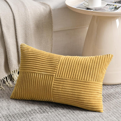 Fancy Homi Mustard Yellow Lumbar Decorative Throw Pillow Covers 12x20 Inch for Living Room Couch Bed, Rustic Farmhouse Boho Home Decor, Soft Striped Corduroy Rectangle Accent Cushion Case