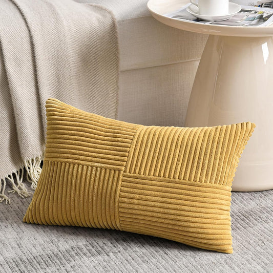 Fancy Homi Mustard Yellow Lumbar Decorative Throw Pillow Covers 12x20 Inch for Living Room Couch Bed, Rustic Farmhouse Boho Home Decor, Soft Striped Corduroy Rectangle Accent Cushion Case