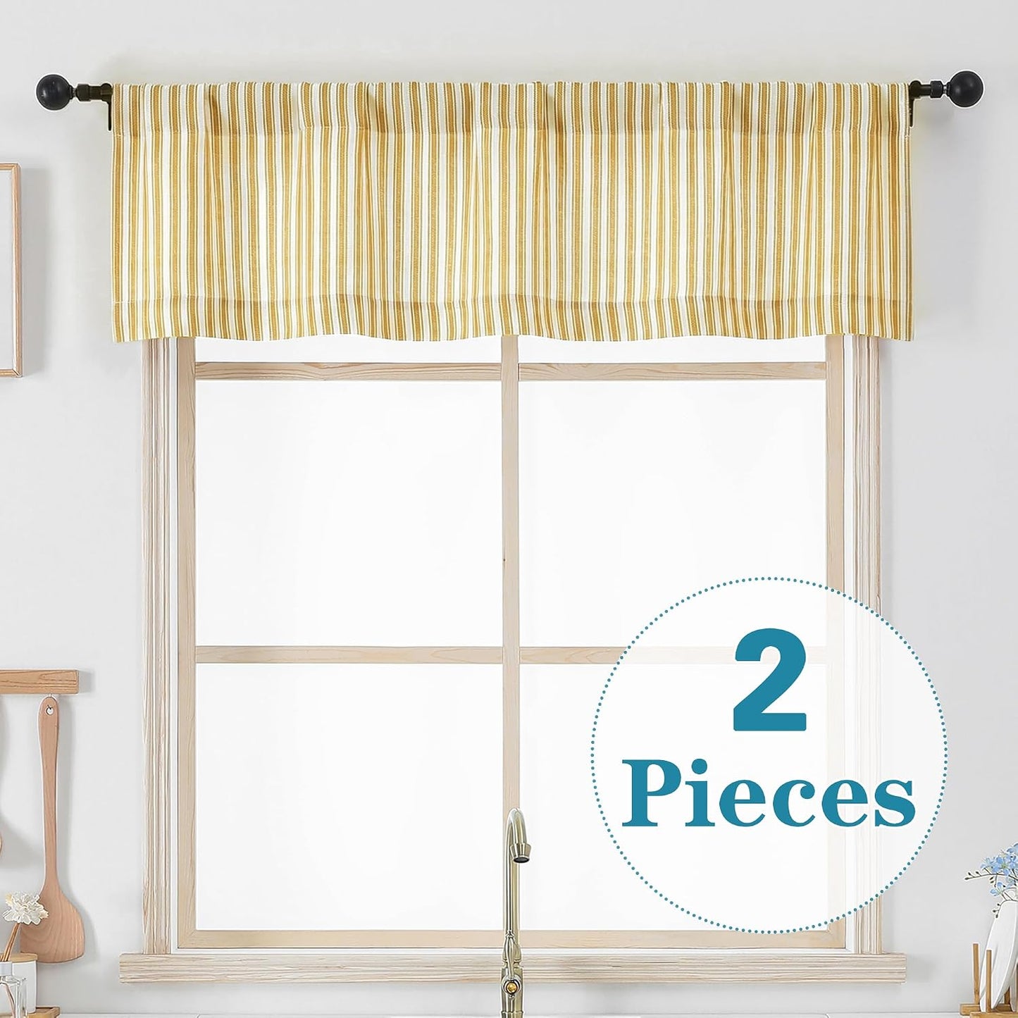 Chyhomenyc Striped Valances for Windows - Light Filtering Faux Linen Small Tier Valance Curtains, Boho Ticking Stripe Rod Pocket Farmhouse Valance for Living Room, 52Wx14L, 2 Pieces, Yellow Gold
