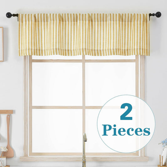 Chyhomenyc Striped Valances for Windows - Light Filtering Faux Linen Small Tier Valance Curtains, Boho Ticking Stripe Rod Pocket Farmhouse Valance for Living Room, 52Wx14L, 2 Pieces, Yellow Gold
