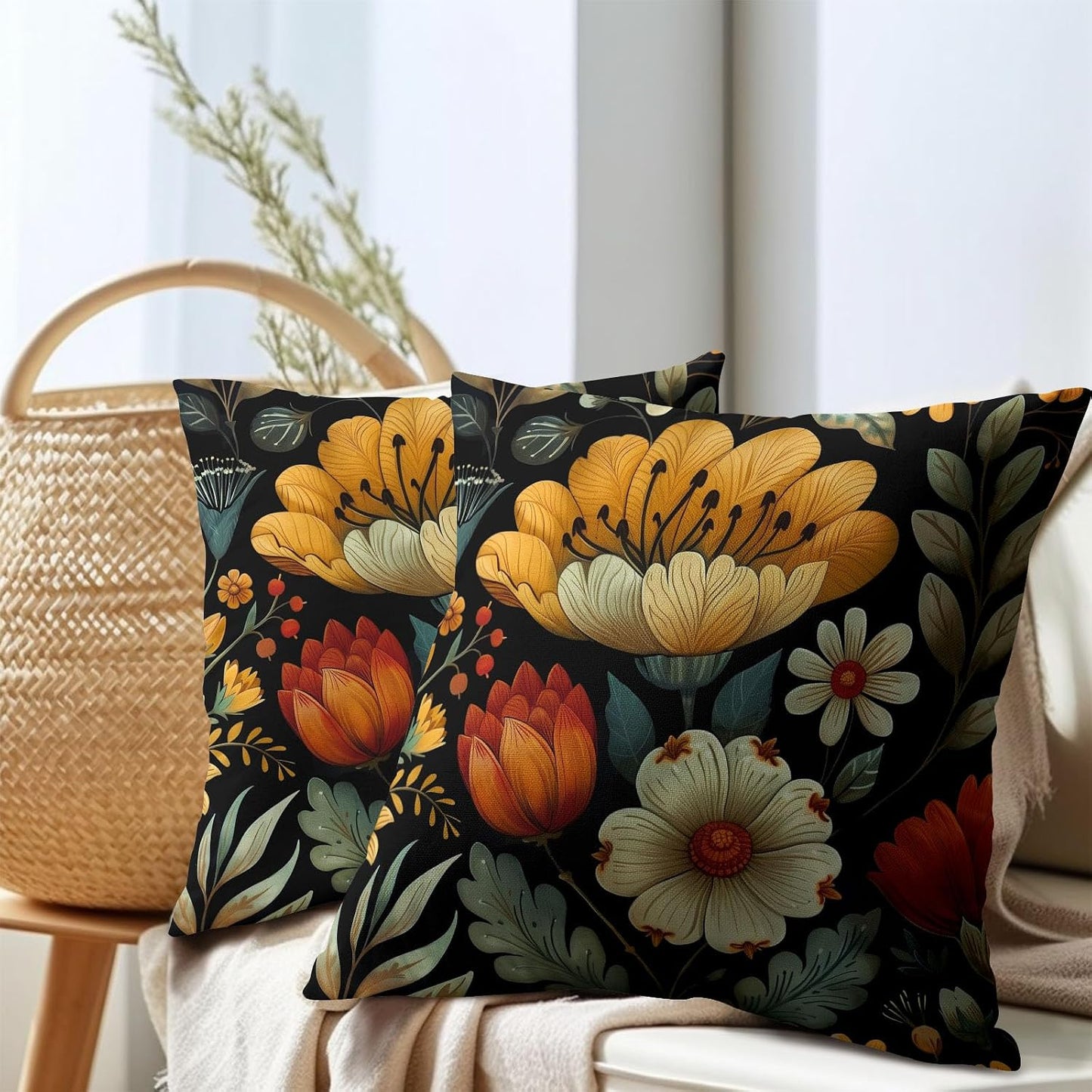 Vintage Boho Floral Pillow Covers 18x18 Inches Yellow Beige Black Throw Pillow Case Set of 2 Spring Flower Pillow Cover Cotton Linen Cushion Cover for Home Couch Sofa Bedroom Livingroom