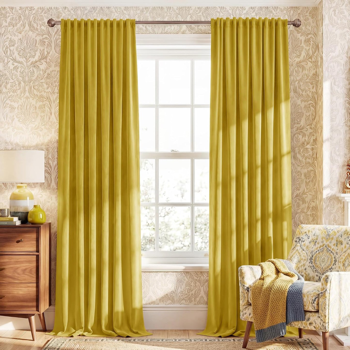 NICETOWN Chartreve Yellow Velvet Curtains 84 inches Long, Rod Pocket & Back Tab Room Darkneing Window Treatments Thermal Drapes for Living Room/Bedroom, W52 x L84, 2 Panels