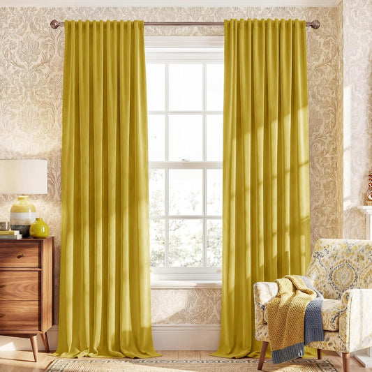 NICETOWN Chartreve Yellow Velvet Curtains 84 inches Long, Rod Pocket & Back Tab Room Darkneing Window Treatments Thermal Drapes for Living Room/Bedroom, W52 x L84, 2 Panels